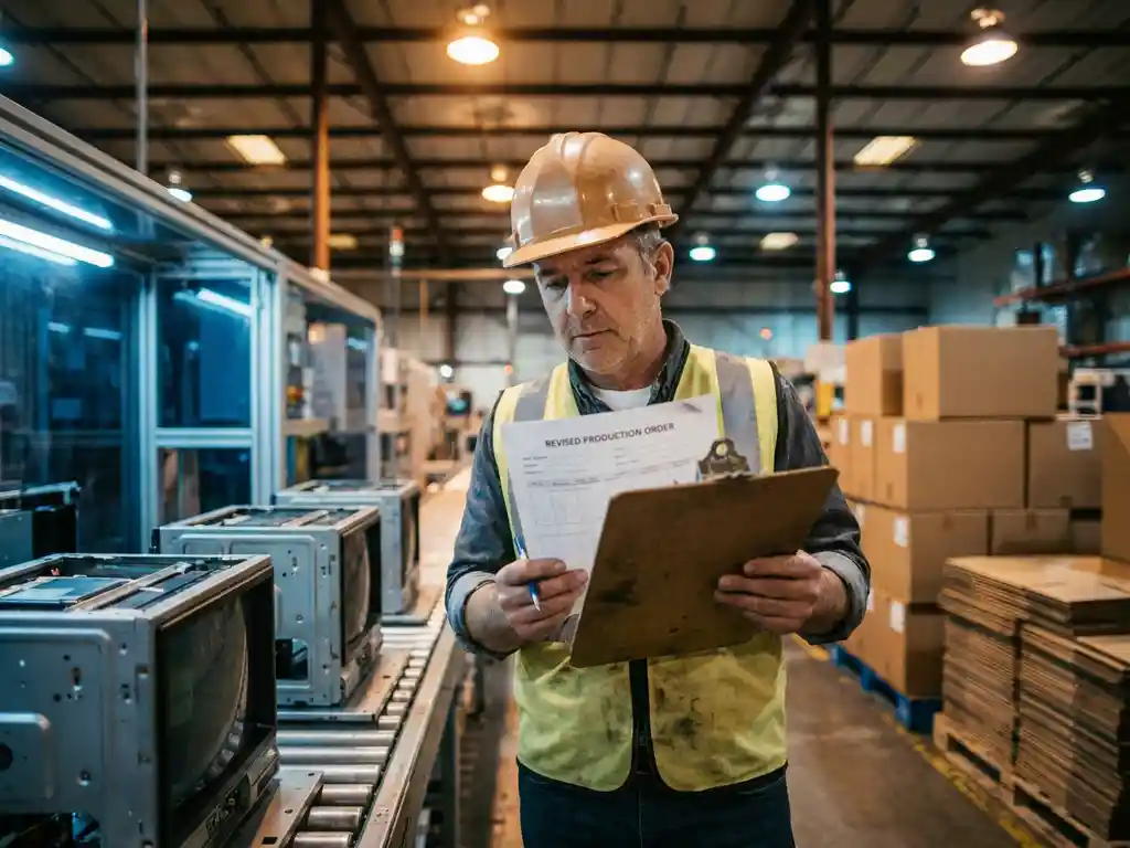 Fabrieksopzichter controleert herziene productieorder op klembord bij lopende band met consumentengoederen en gestapelde dozen.