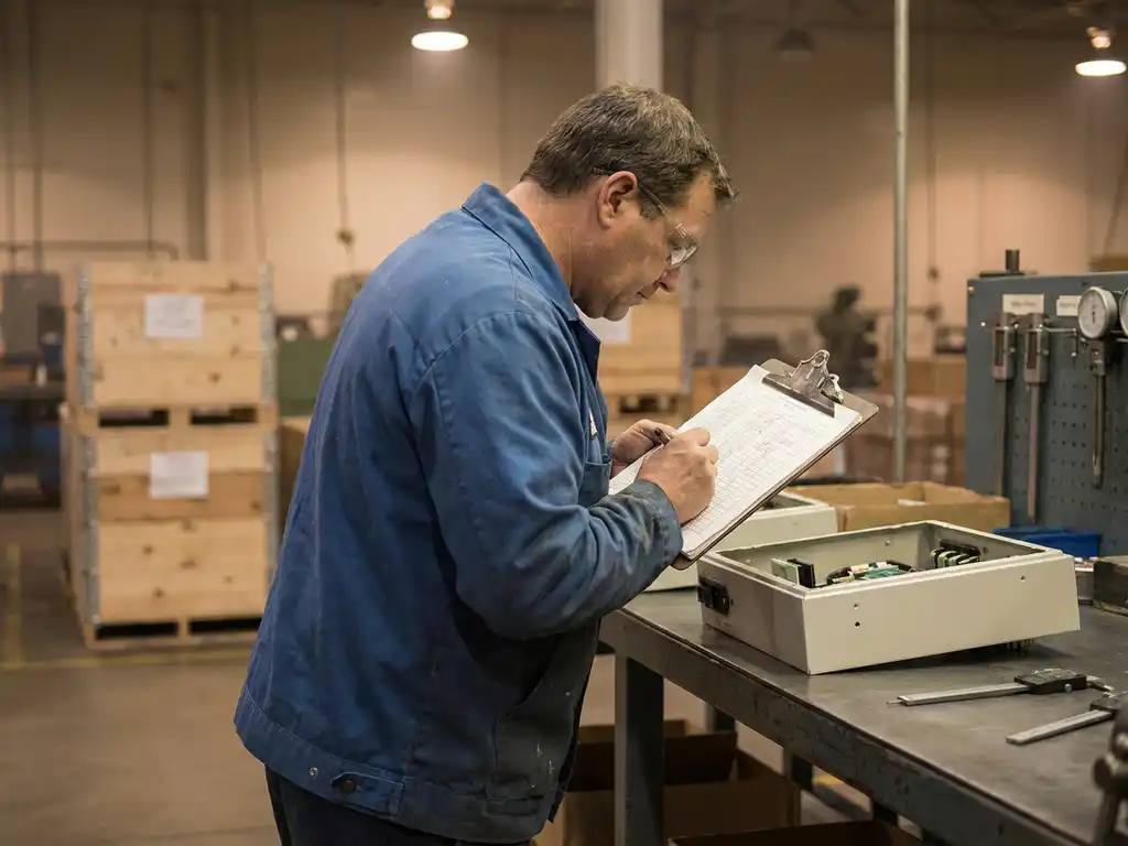Fabrieksmanager controleert kostenoverzicht op klembord naast gedeeltelijk geassembleerd product op stalen werkbank.