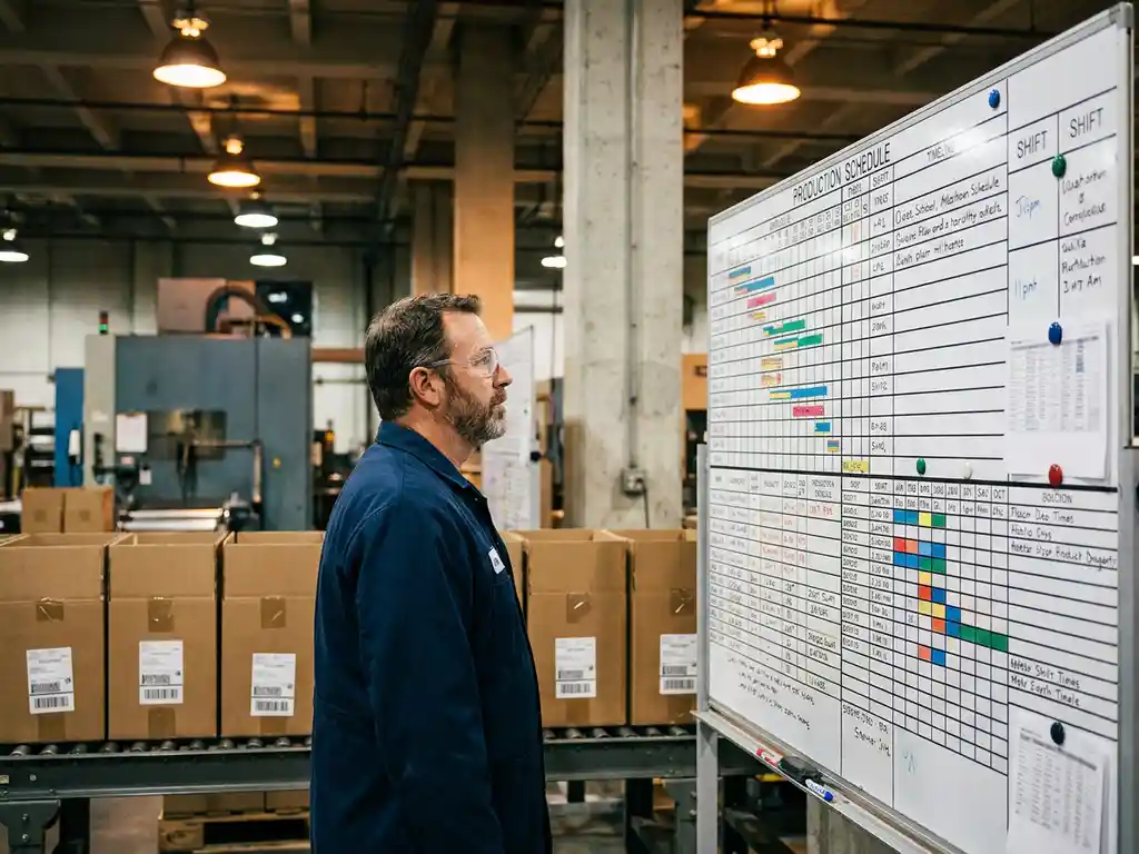 Fabrieksopzichter bestudeert productieplanning op groot bord, met dozen klaar voor verzending en industriële amberverlichting op stalen machines.