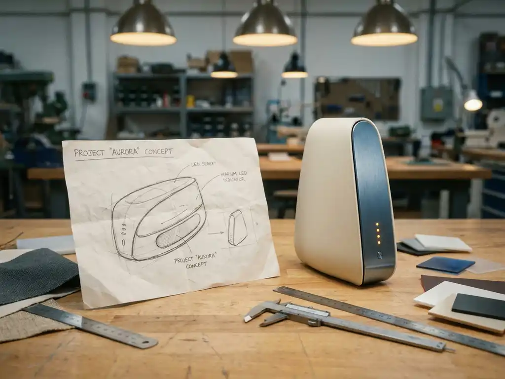 Handgetekende productschets naast een gepolijst prototype op een werkbank, omringd door meetgereedschap en materiaalstalen.