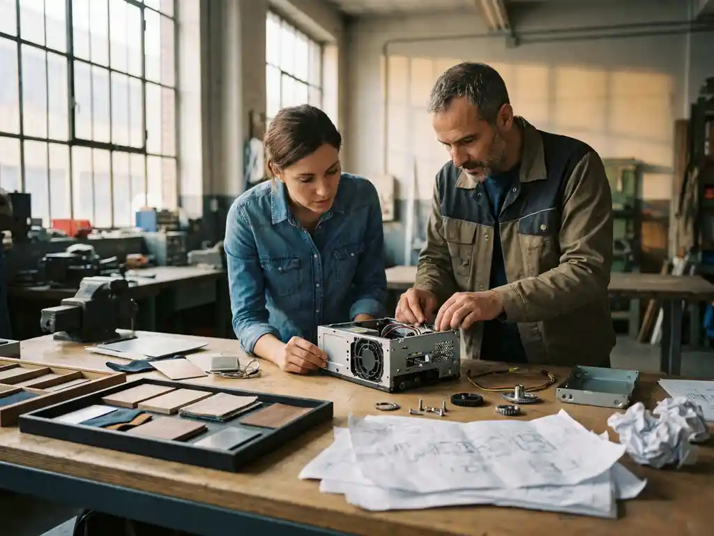 Productontwerper en fabrieksingenieur bestuderen samen een prototype op een werktafel met materiaalstalen en technische schetsen.