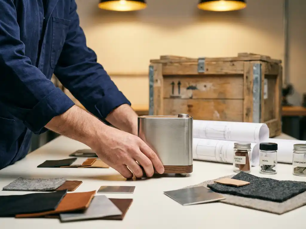 Productontwerper plaatst afgewerkt prototype op witte tafel met materiaaltesten, technische specificaties en componentmonsters.