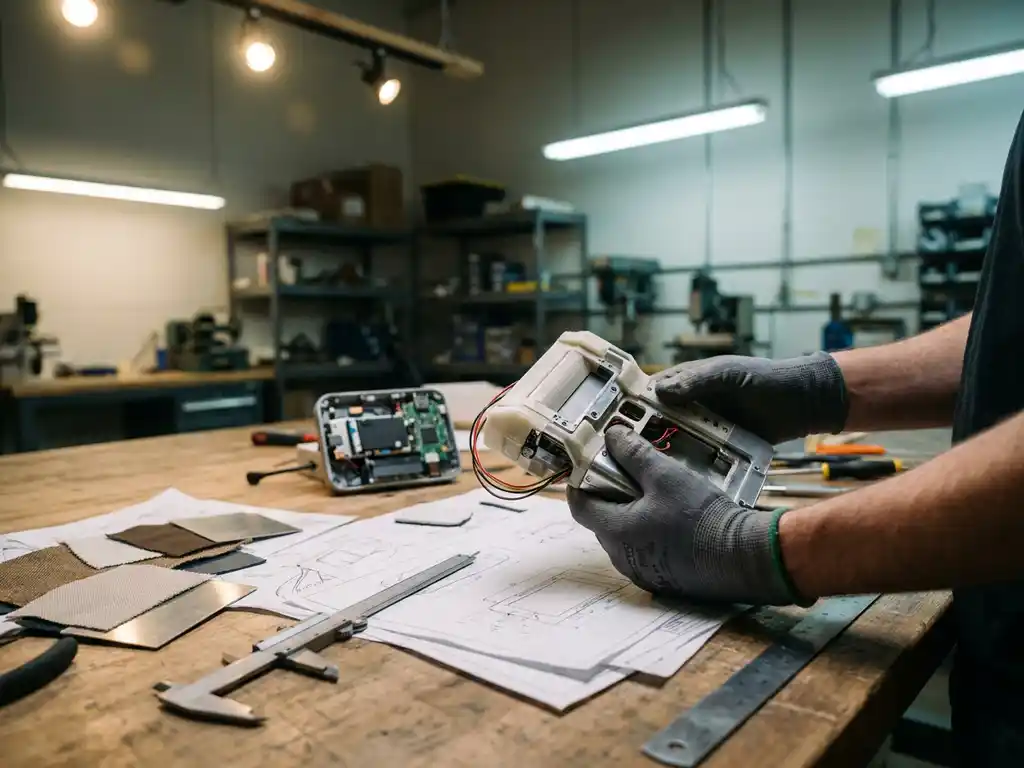Productontwerper onderzoekt fysiek prototype op werkbank, omringd door technische schetsen, materiaalstalen en meetgereedschap.