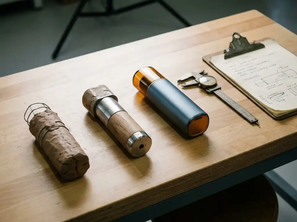 Vroeg ruw prototype naast verfijnd eindproduct op inspectietafel, met schuifmaat en klembord voor kwaliteitscontrole.