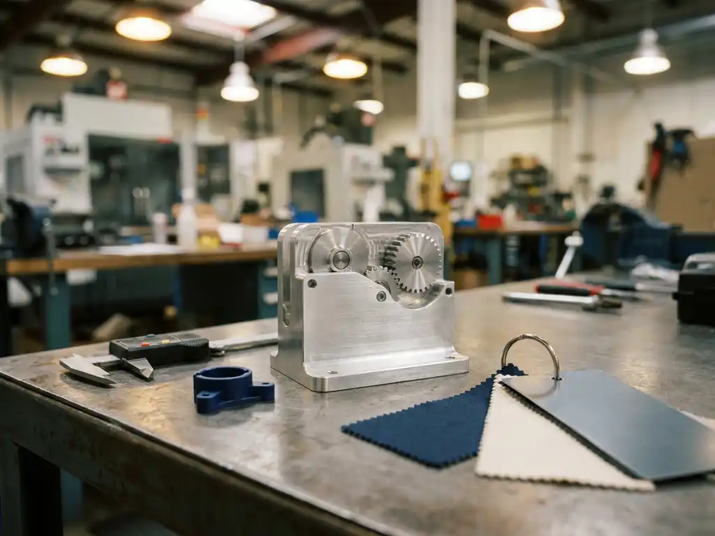 Precisie prototype op werkbank omringd door materiaalstalen, schuifmaat en spuitgegoten onderdeel in industriële omgeving.