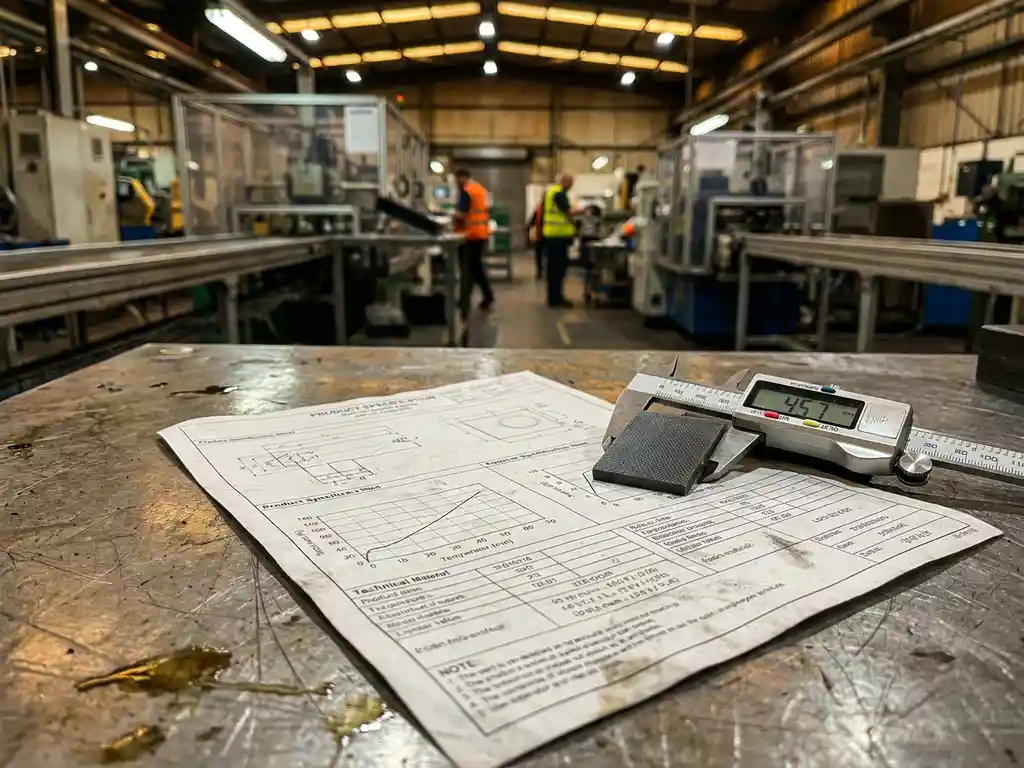 Productspecificatieblad op een fabriekswerktafel met schuifmaat en materiaalmonster, Aziatische productievloer op de achtergrond.