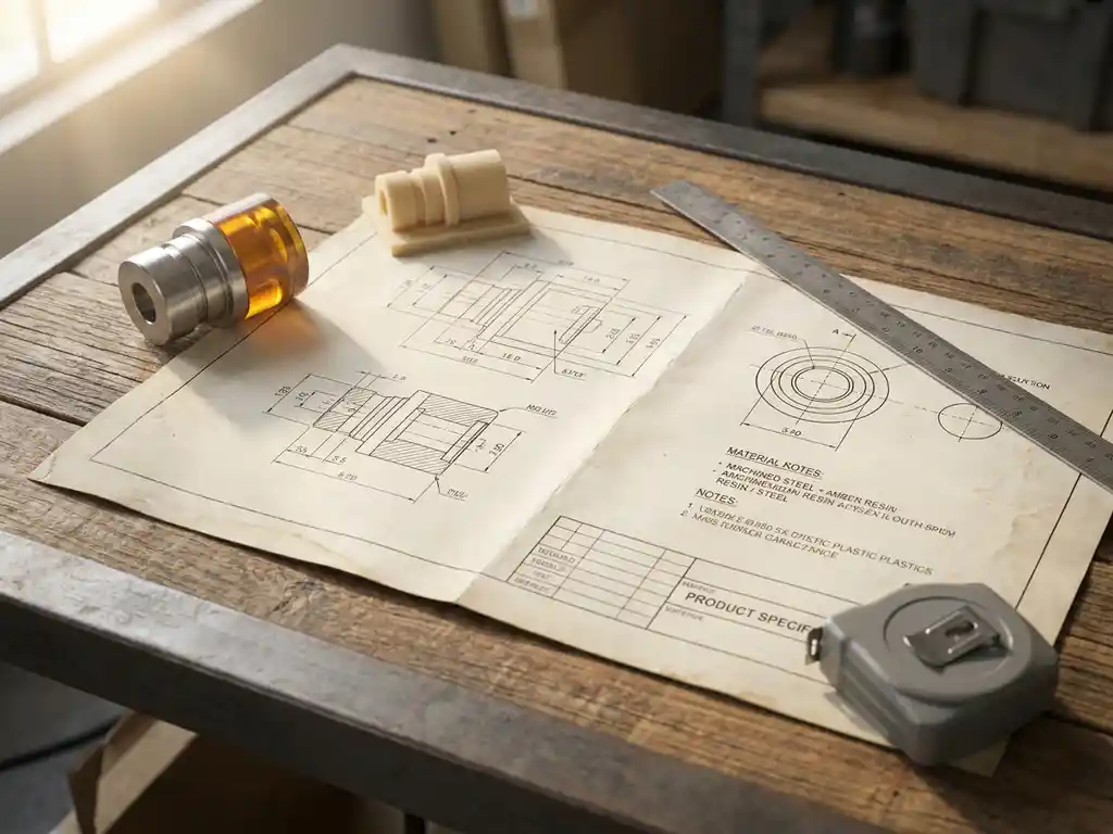 Opengevouwen productspecificatieblad op industrieel bureau met productmonster, prototype en meetlint in warme neutrale tinten.