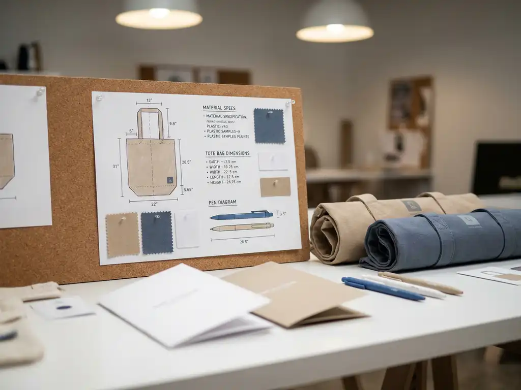 Technische specificatiebladen met maatvoering en stalenkaarten naast merkartikelen: tote bags, pennen en brochures op een witte productietafel.