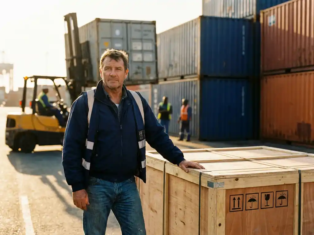 Projectmanager bij internationale vrachtdok, hand op exportkist, containerterminal en heftruck op achtergrond in gouden middaglicht.