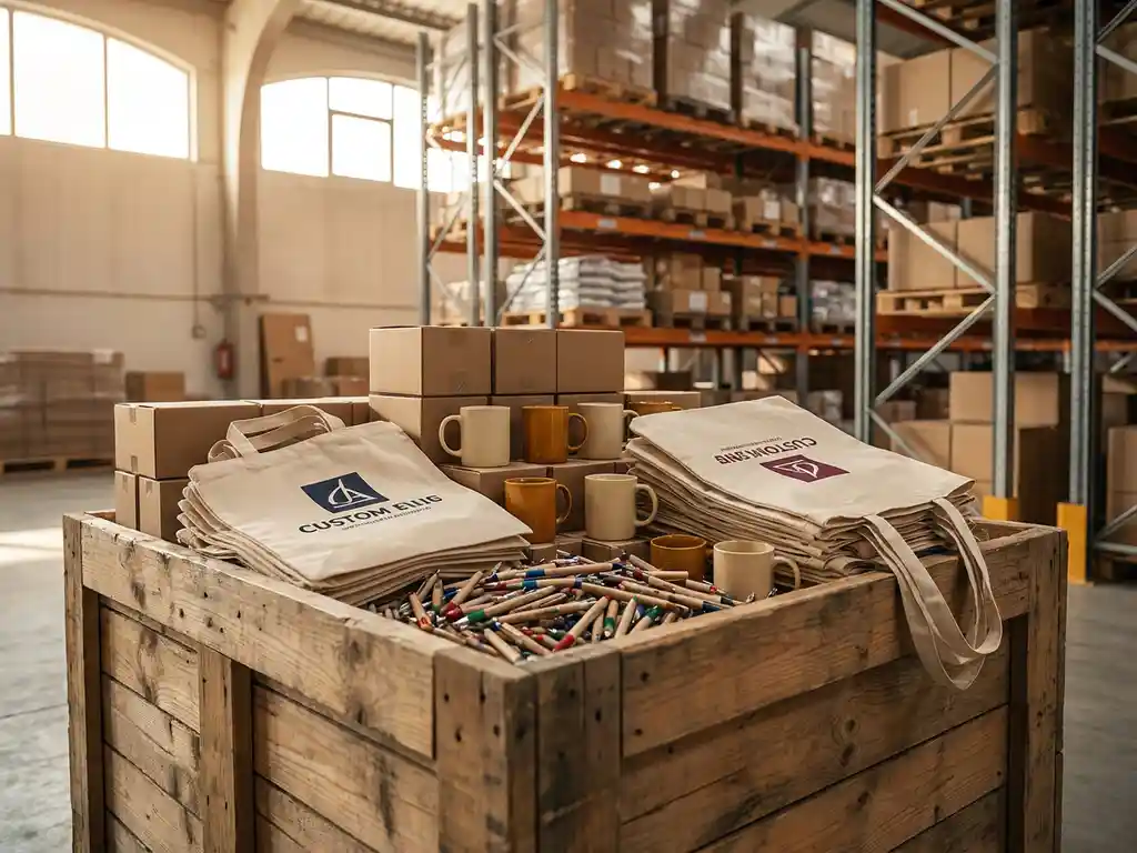Houten krat vol met promotioneel merchandise zoals bedrukte tassen, pennen en mokken in een moderne magazijnomgeving.