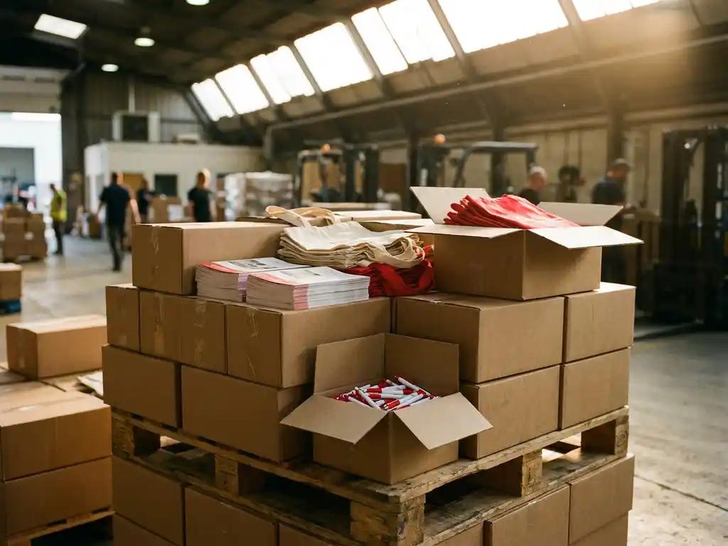 Houten pallet met gestapelde dozen promotiemateriaal, inclusief tassen, brochures en pennen, in een verlicht magazijn.