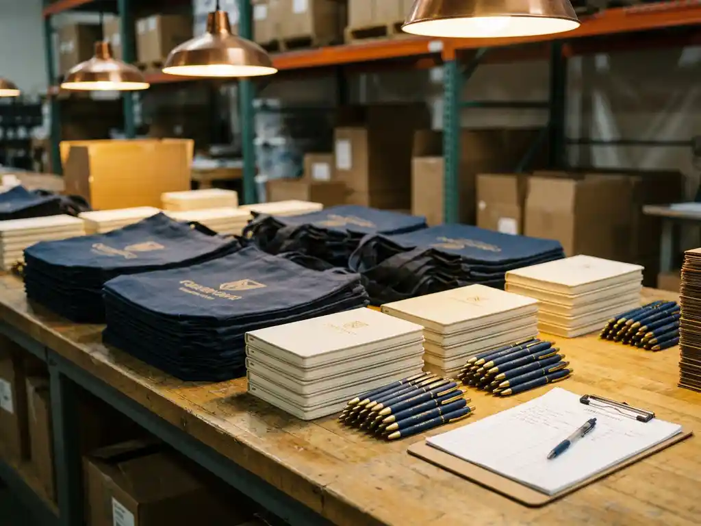 Magazijntafel met gestapelde promotionele producten: gebrandmerkte tote bags, genummerde notitieboekjes en bedrukte pennen in minimumbestelling batches.