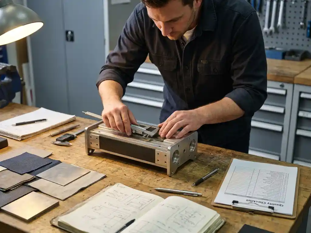 Productengineer inspecteert fysiek prototype op werkbank, omringd door schuifmaten, materiaalstalen en specificatiebladen.