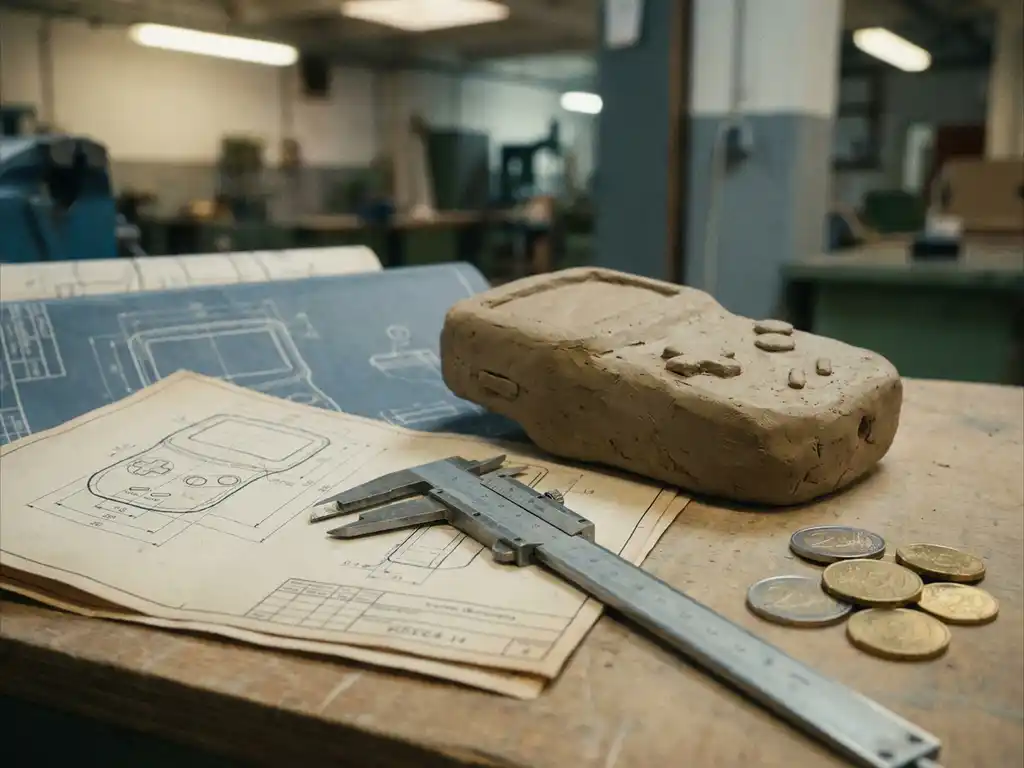 Ruw kleiprototype van een consumentenproduct naast technische tekeningen, schuifmaat en euromunten op een fabriekstafel.