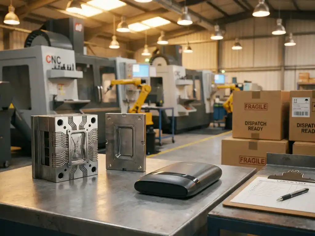 Prototype mal naast afgewerkt consumentenproduct op fabrieksloer, met precisieapparatuur, verzenddozen en klembord van kwaliteitscontroleur.