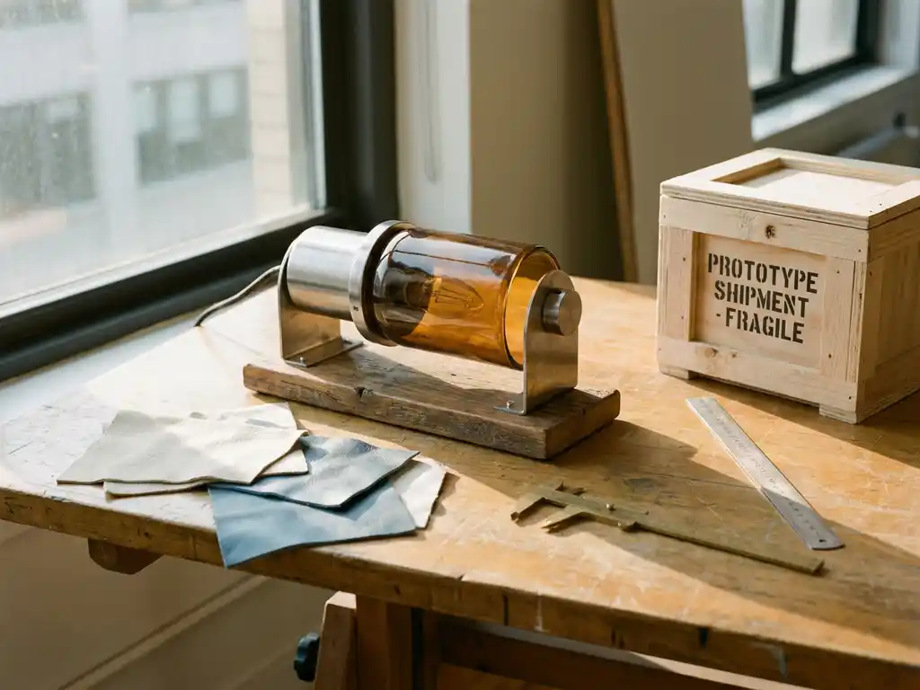 Productprototype op tekentafel met materiaalmontsters, meetgereedschap en kleine houten kist in warm natuurlijk zijlicht.