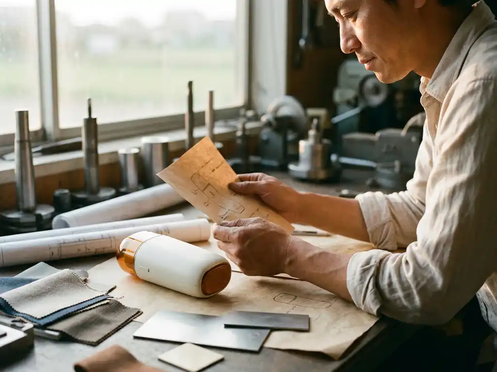 Ondernemer vergelijkt handgemaakt schetsprototype met afgewerkt consumentenproduct op werkbank, omringd door materiaalstalen en technische tekeningen.