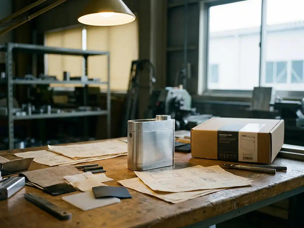 Productprototype op werkbank omringd door materiaalstalen, technische schetsen en verpakt eindproduct in industriële omgeving.