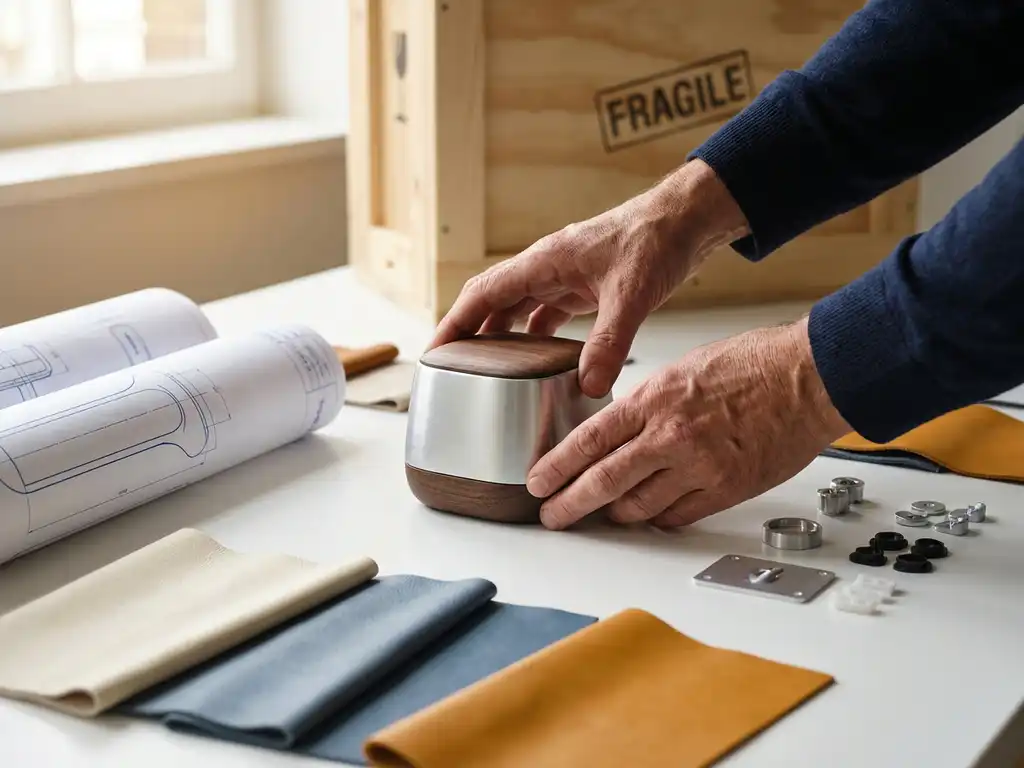 Productontwerper plaatst prototype op witte tafel met materiaalstalen, technische specificaties en componenten, verzendkrat op achtergrond.