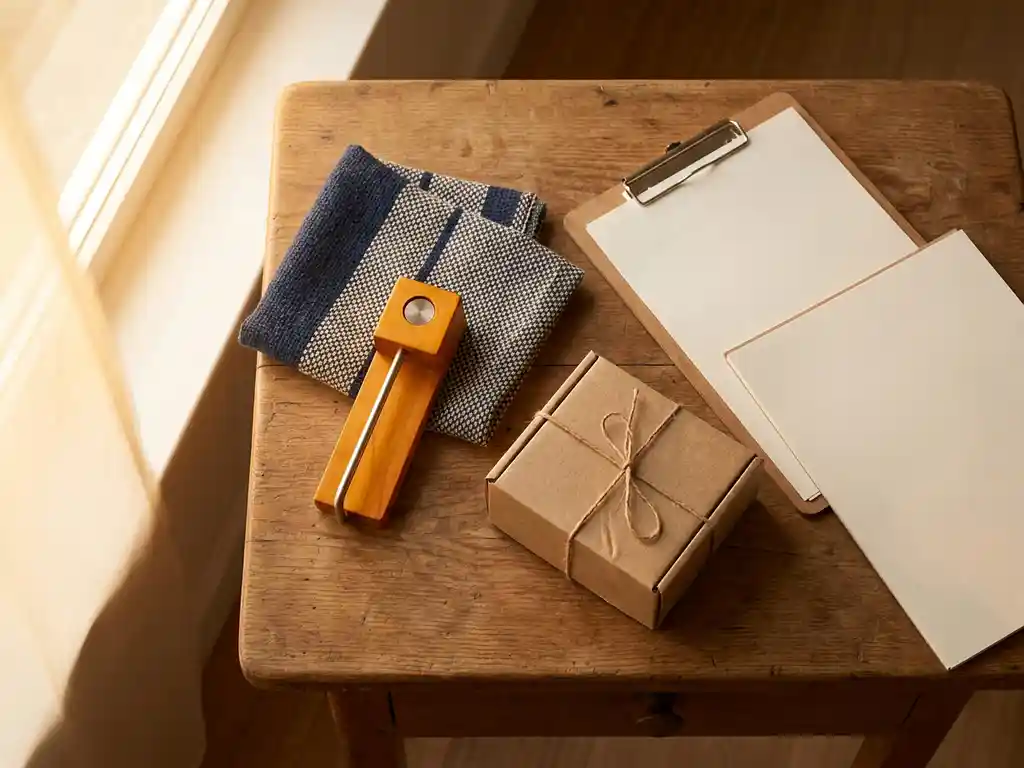 Houten bureau met productprototype, stoffentaal, verzendingsdoos en klembord in minimalistische flat-lay compositie met warme amber tinten.