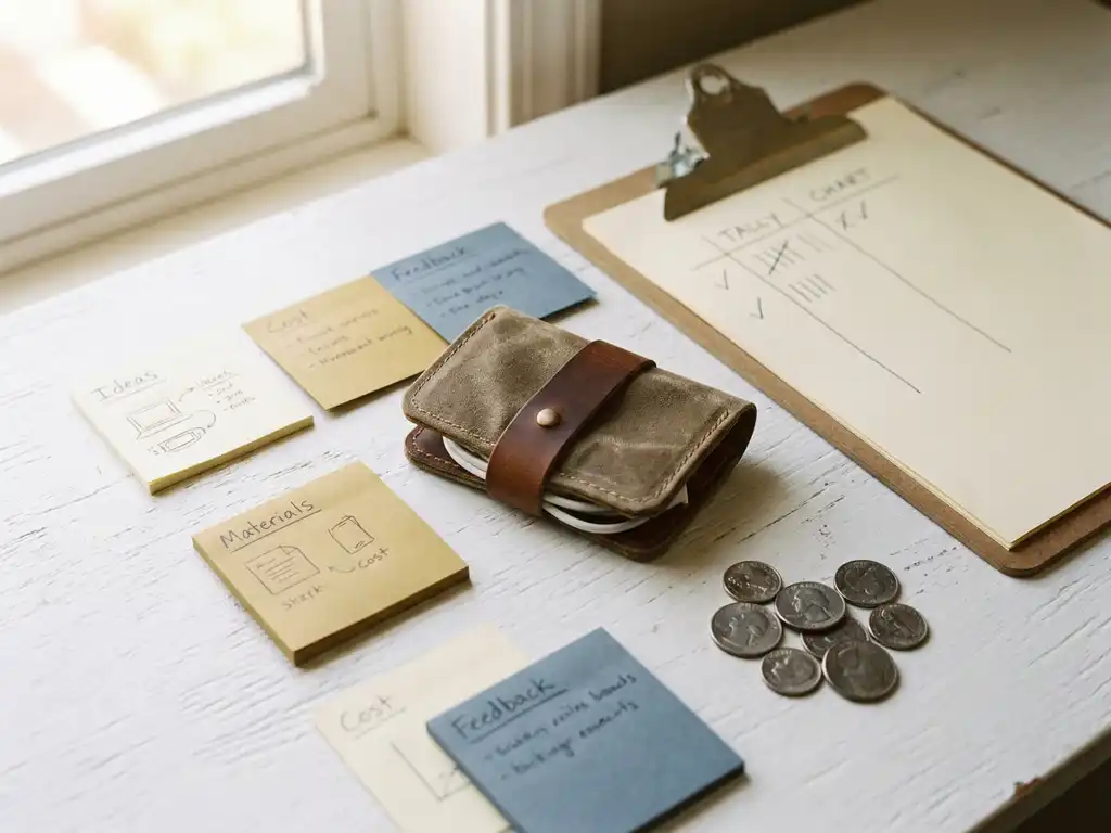 Handgemaakt prototype van een reisaccessoire op wit oppervlak, omringd door sticky notes, klembord met tellijst en munten voor budgettering.