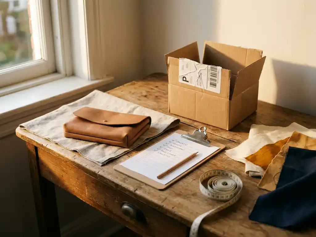 Productprototype op houten bureau naast verzendoos en klembord met checklist, omgeven door stoffen en meetlint in warm amberkleurig licht.