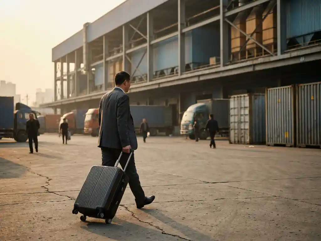 Zakenreiziger met trolleykoffer in Chinese industriewijk, grote fabriek met laaddocks op de achtergrond, warm middaglicht.