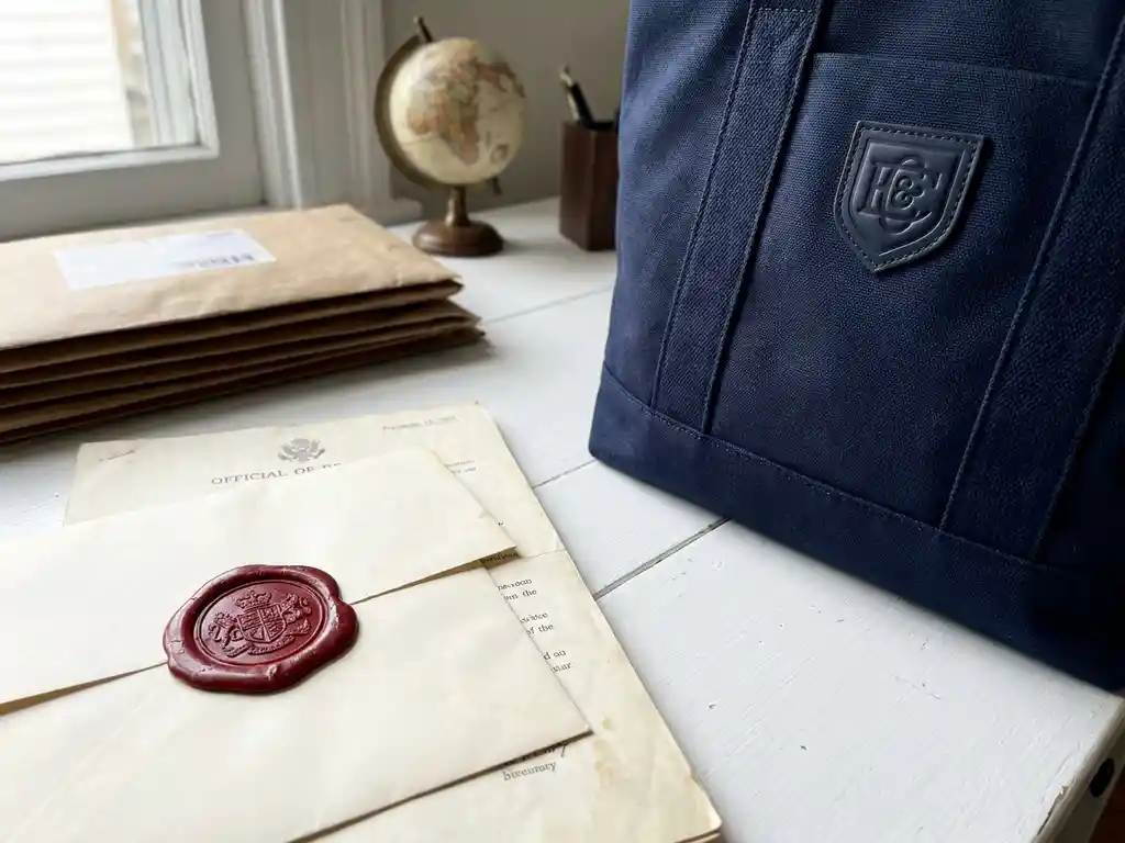 Rode waszegelstempel op officiële documenten naast een gepersonaliseerde tote bag met logo, verzendpapieren en kleine wereldbol op wit bureau.