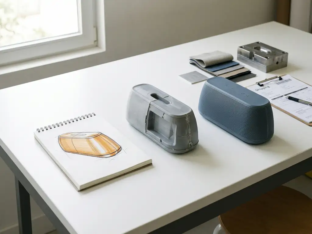 Potloodschets die evolueert naar een afgewerkt consumentenproduct op witte werktafel, omringd door materiaalstalen, prototype en verzendpapieren.