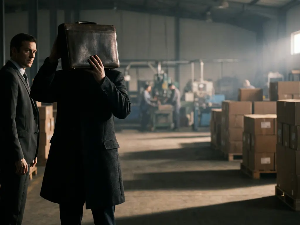 Tussenpersoon met aktetas blokkeert zichtlijn tussen Europese koper en verre fabriekshal, dramatische zijverlichting, industriële omgeving.