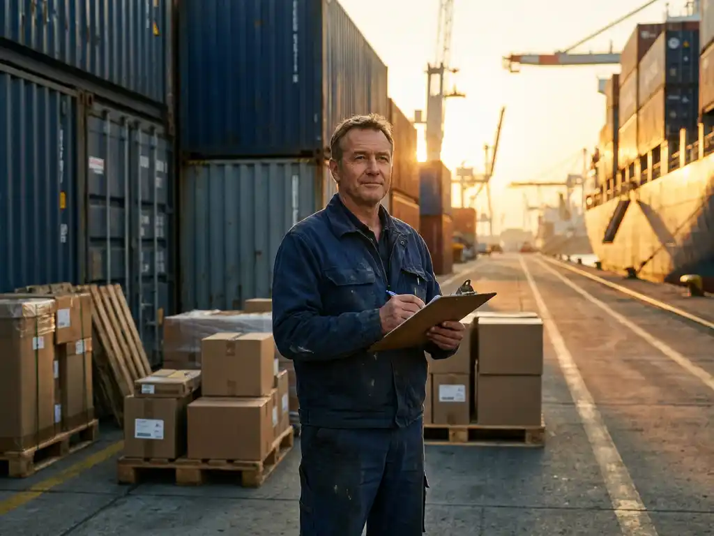 Tussenpersoon met klembord op internationale vrachtdok, omringd door gestapelde zeecontainers en pallets in gouden avondlicht.