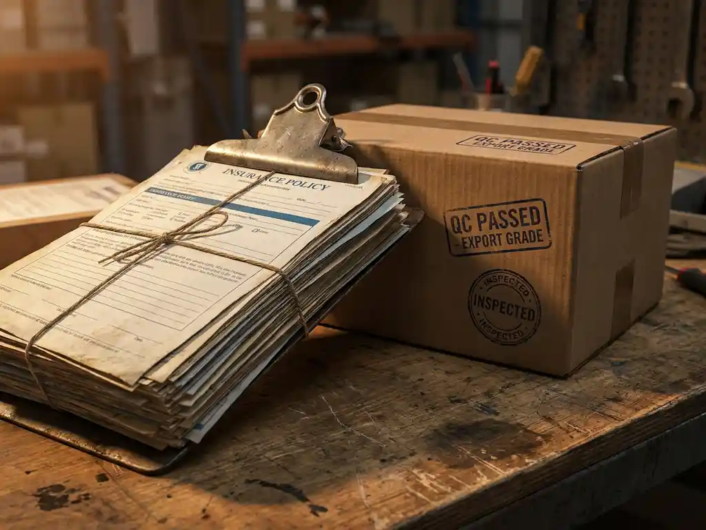 Stapel verzekeringsdocumenten onder metalen klembord op industrieel bureau, naast verzegelde exportdoos met kwaliteitscontrolemerken.