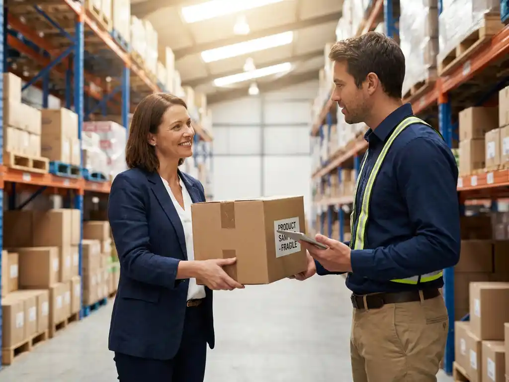 Ondernemer overhandigt kartonnen verzenddoos met productsamples aan logistiek coördinator in modern magazijn.