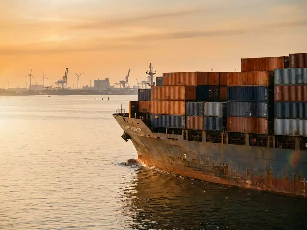 Vrachtschip met kleurrijke zeecontainers vaart over de oceaan richting een Nederlandse haven in gouden middaglicht.