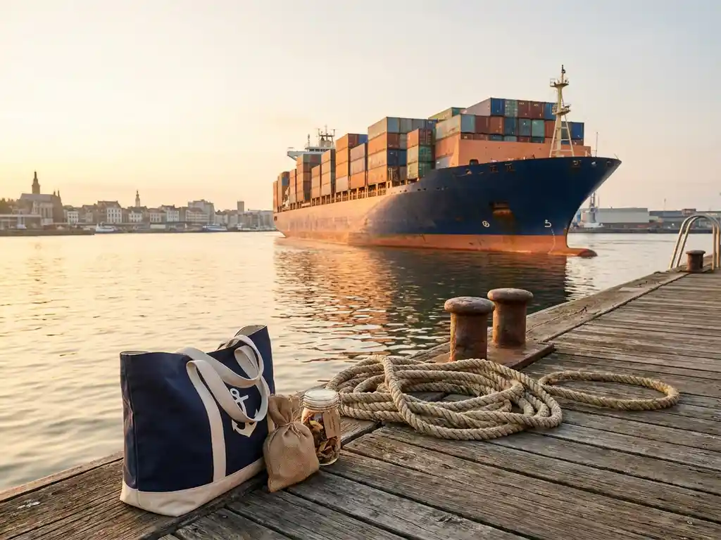 Vrachtschip met kleurrijke zeecontainers vaart haven binnen tijdens gouden uur, met promotionele tas en productmonsters op de voorgrond van de kade.
