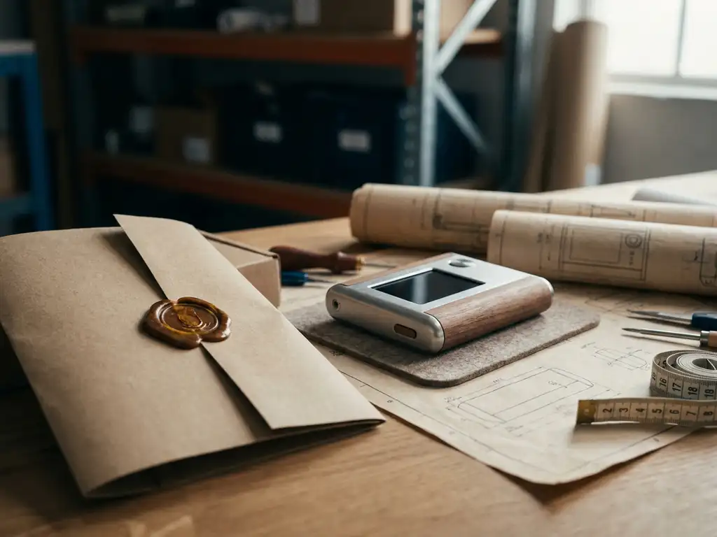 Gelakte wasstempel op gevouwen kraftpapier naast een consumentenproduct prototype, omgeven door technische schetsen en meetlint op een magazijntafel.