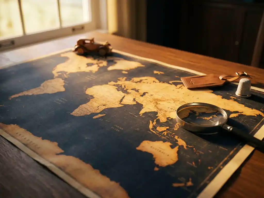 Verouderde wereldkaart op bureau met vergrootglas op China's kust, omringd door kleine productmonsters in warm gouden licht.