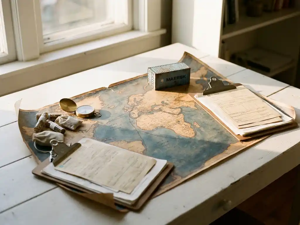 Verouderde wereldkaart op wit bureau met kompas, productmonsters, klembord met verzenddocumenten en miniatuur vrachtcontainer op internationale handelsroute.