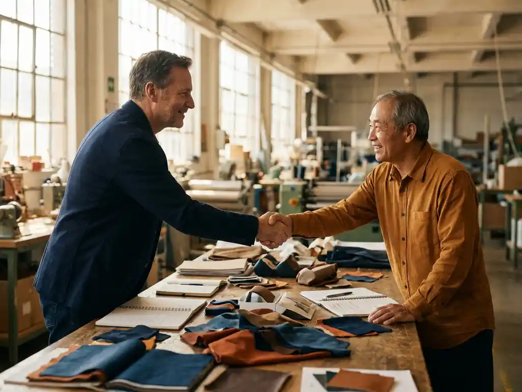 Westerse inkoper en Aziatische fabrikant schudden handen boven tafel met stofstalen en productmonsters in moderne fabriek.