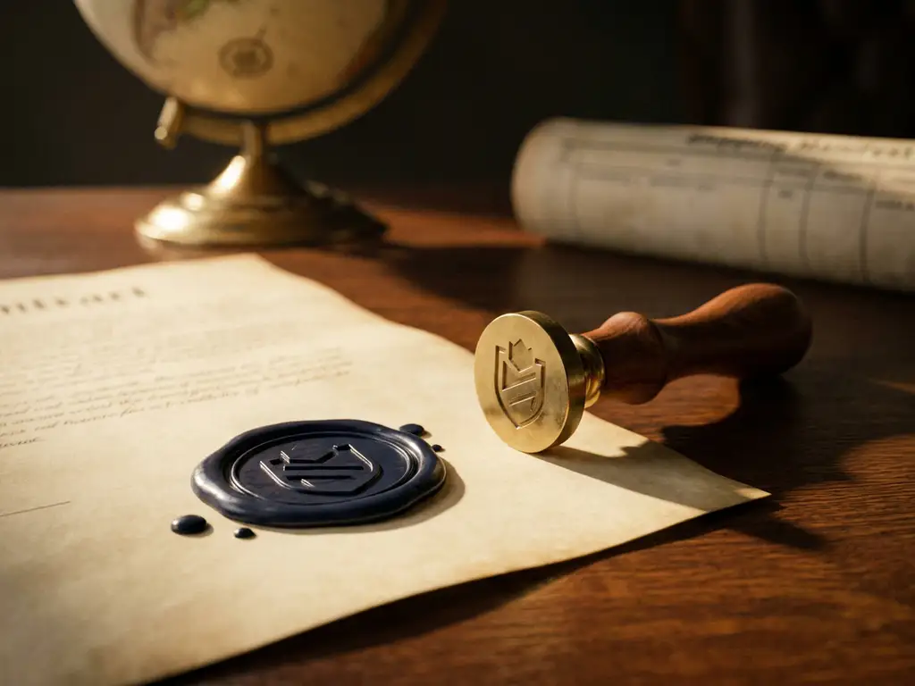 Verzegeld wasstempel op formeel contract op gepolijst eikenhouten bureau, met miniatuur productmodel, globe en vrachtbrief op de achtergrond.