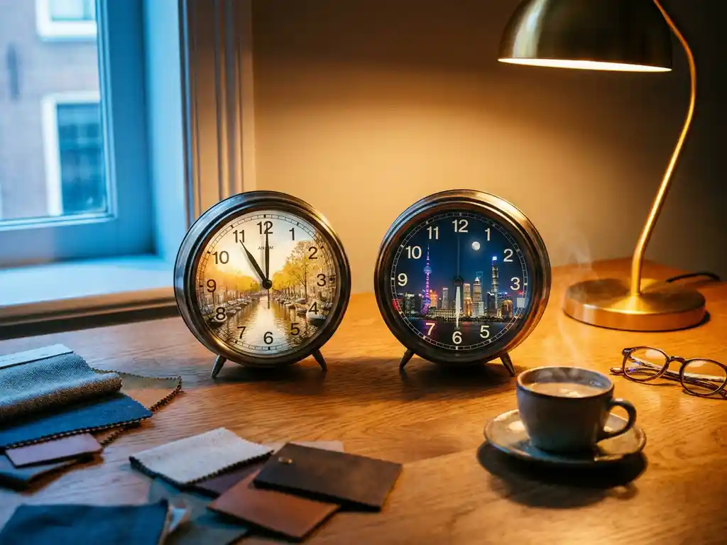 Twee analoge klokken op een eiken bureau tonen de tijd in Amsterdam en Shanghai, met koffie en productmonsters in warm lamplicht.