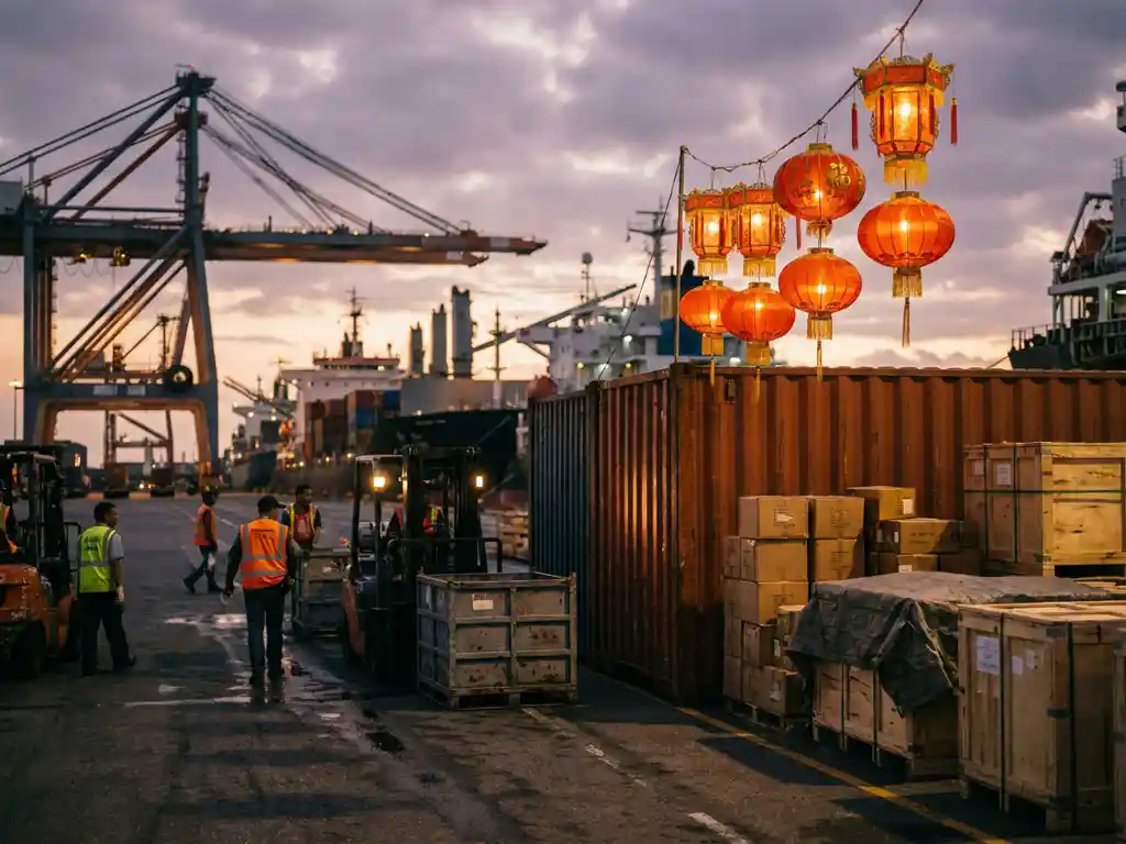 Rood-gouden Chinese Nieuwjaarslanterns boven een vrachtcontainer in een drukke haven bij schemering, met gestapelde dozen op de kade.