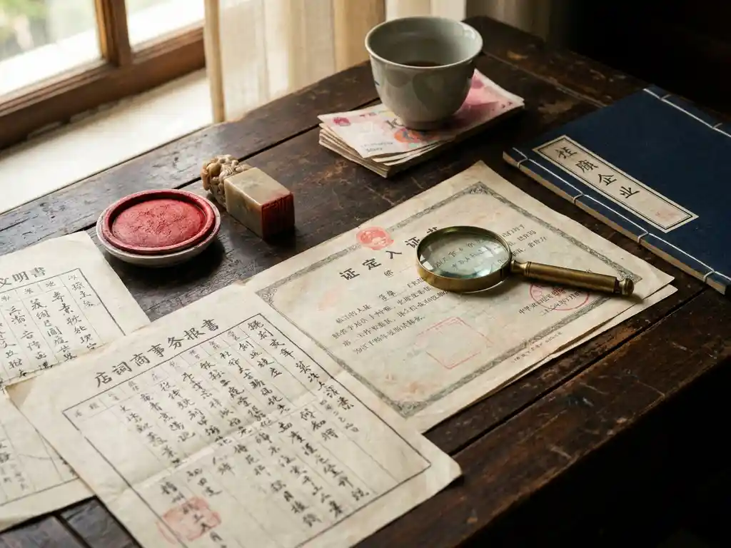 Verouderd houten bureau met Chinese bedrijfsdocumenten, rood bedrijfsstempel en vergrootglas op officieel registratiepapier, yuan-biljetten ernaast.