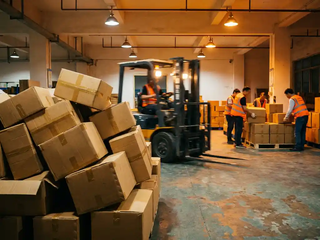 Stapel verzegelde exportdozen op Chinese fabrieksvloer, arbeiders in hesjes laden een pallet terwijl een heftruck voorbijrijdt.