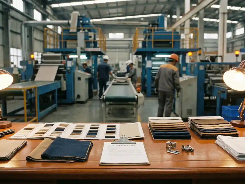 Drukke Chinese fabriekshal met industriële machines en arbeiders, op de voorgrond een bureau met stofstalen, productmonsters en leveranciersdocumenten.