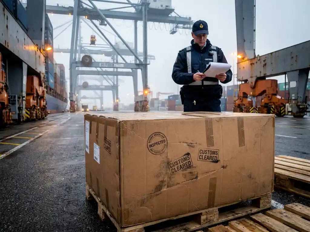 Douaneambtenaar controleert papieren bij verzegelde bruine kartonnen kist op de Rotterdamse haven, containerkranen op de achtergrond.