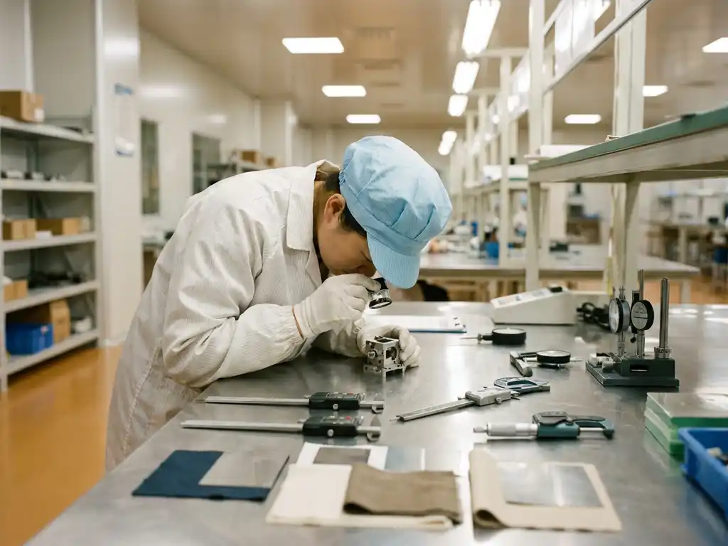 Fabrieksmedewerker in Chinese productiefaciliteit inspecteert prototype op roestvrijstalen werkbank met meetgereedschap en materiaalstalen.