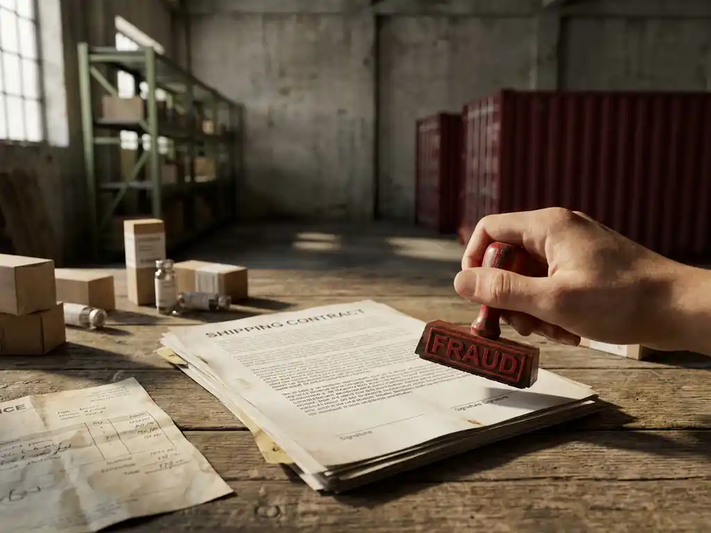 Verdacht uitziend verzendcontract op een versleten magazijntafel met een rode fraudestempel boven ongetekende documenten en verfrommelde factuur.