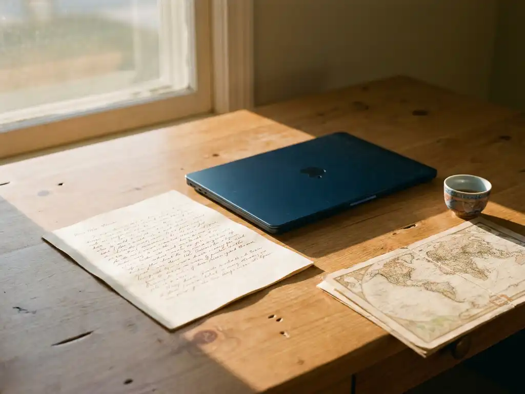 Handgeschreven brief op crèmepapier naast laptop op houten bureau, met Chinese theekop en wereldkaart in warm ochtendlicht.