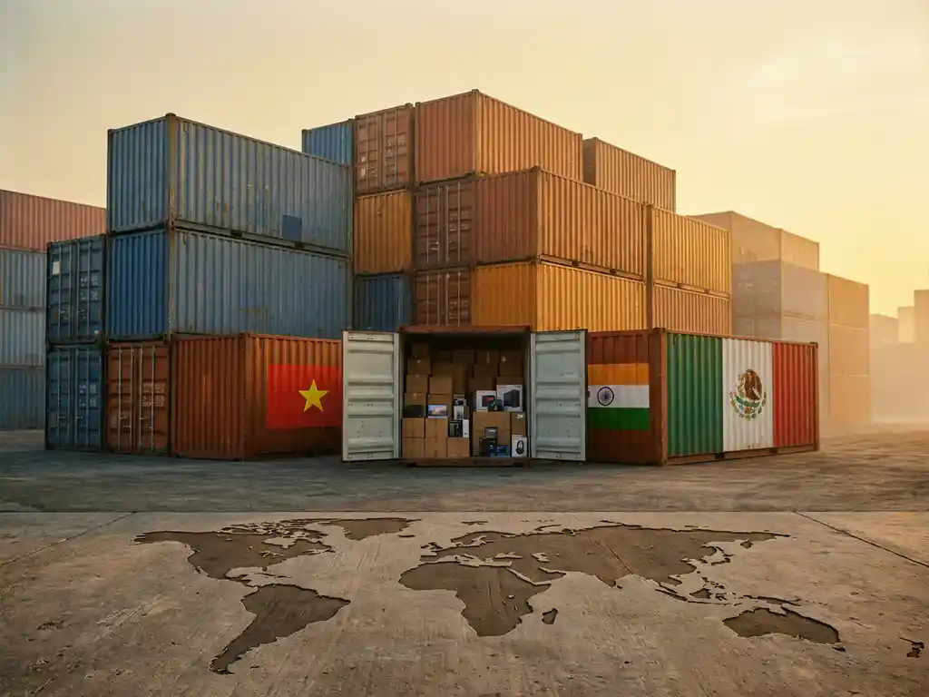 Containerhaven bij gouden uur met gestapelde zeecontainers uit Vietnam, India en Mexico, open container met consumptiegoederen op de voorgrond.